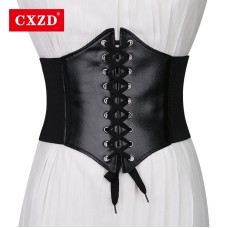  2021 Hot Women Ultra Plus Wide Belt Faux Leather Elastic Corset Belt Front Tie Up Waist Belt All Match Dress Girl Clothes